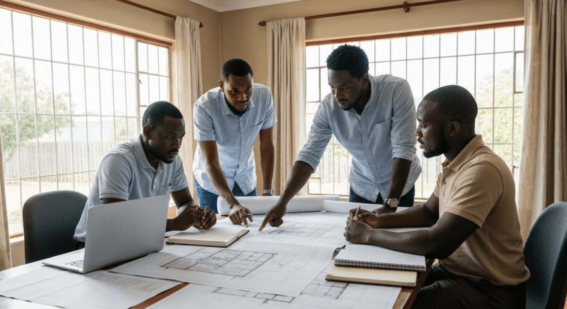Construction Project Planning Steps and Operations Template 1 Team of Botswana contractors discussing building plans on site