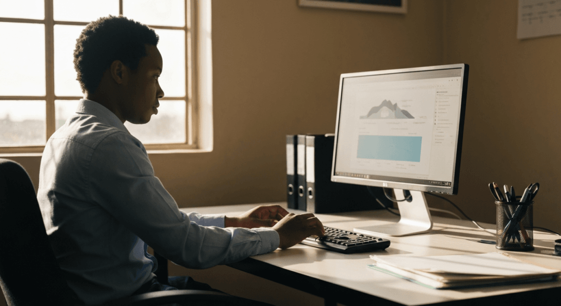 Public Procurement Act Botswana: What the Act and Regulations Mean 1 Botswana SME professional analyzing procurement deadlines on a computer in a small office.