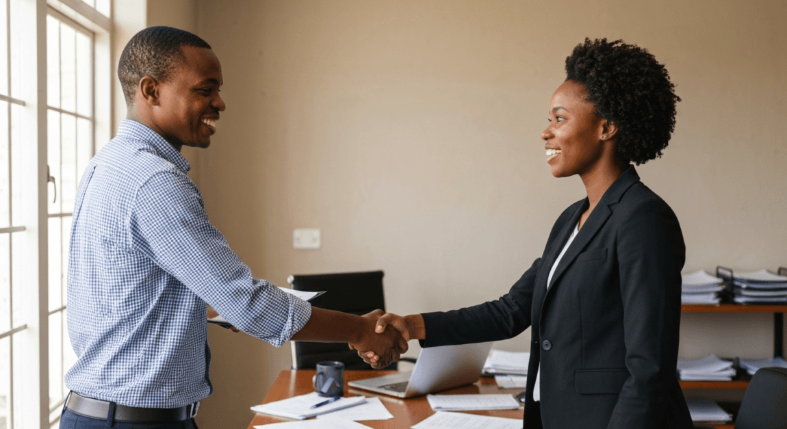 Public Procurement Act Botswana: What the Act and Regulations Mean 6 Botswana SME business owners shaking hands, signifying a strategic business partnership.