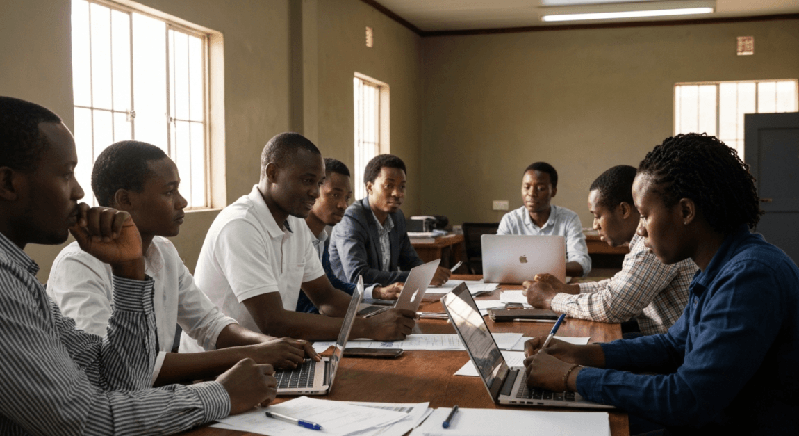 Botswana entrepreneurs in Gaborone office collaborating on government tender documents