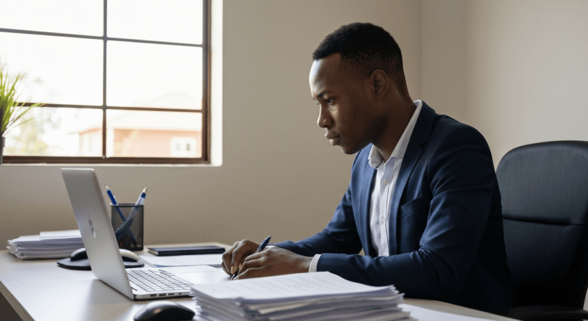 A Motswana business owner using a laptop to access the IPMS Botswana portal