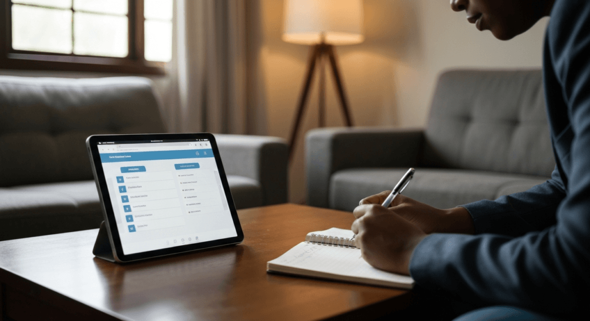 Where to Find WUC, BPC, Bank of Botswana and BOCRA Tenders 3 An entrepreneur checking BPC tender alerts on a tablet in a Botswana office.