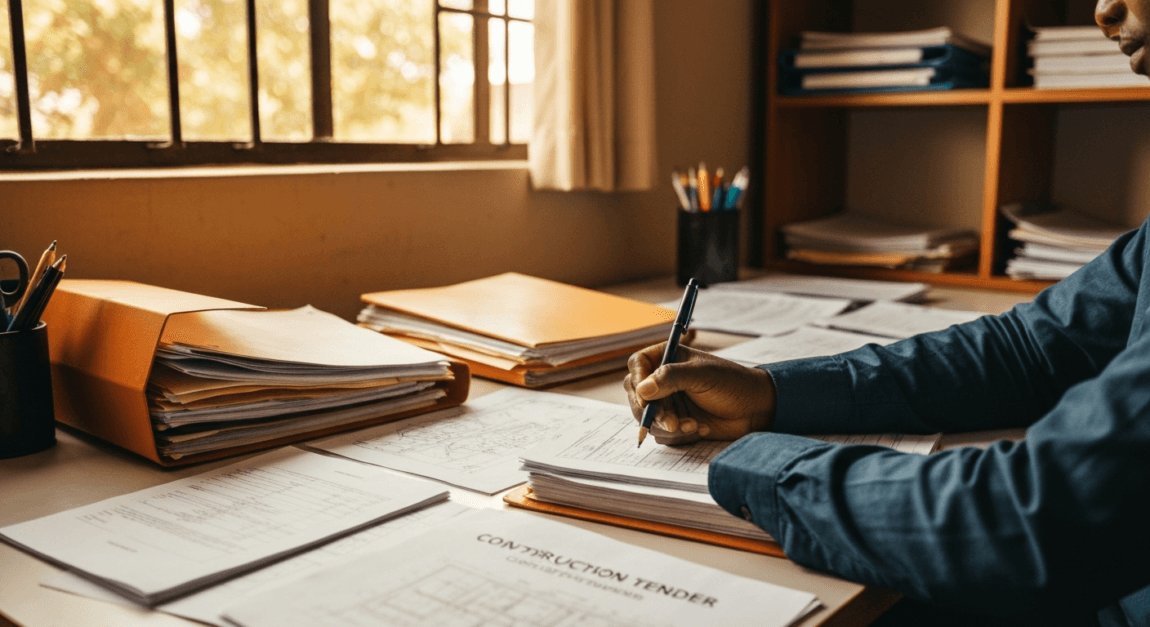A Botswana contractor reviewing a Bill of Quantities and architectural drawings on a construction site office.