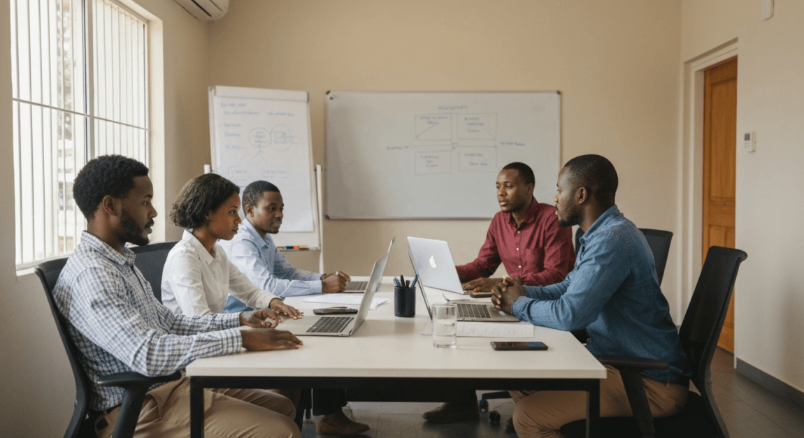 Team of professionals discussing mining procurement strategies in a Botswana office.
