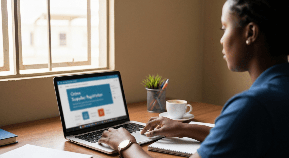 Person in a Botswana office completing supplier registration on a laptop.