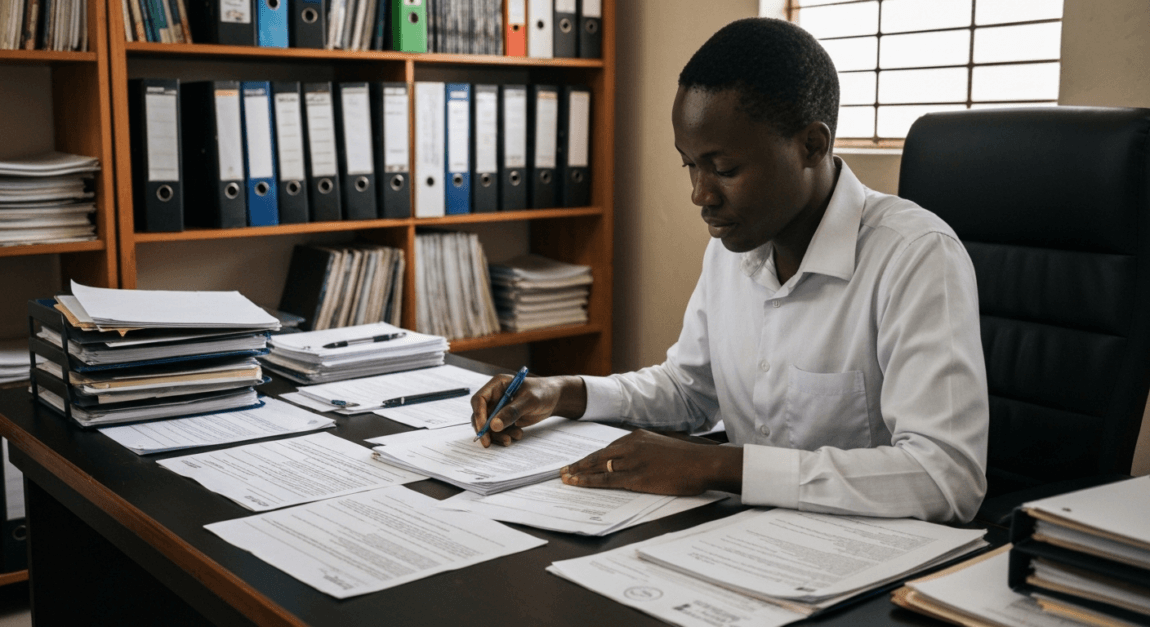 Botswana business owner organizing documents crucial for mining tenders.