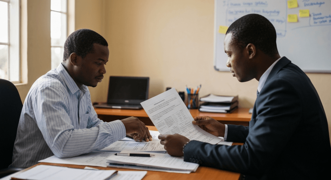 Supplies Tenders in Botswana: Best Opportunities for Small Suppliers 6 Entrepreneur reviewing compliance documents like Tax Clearance and PPRA certificates for a Botswana tender.