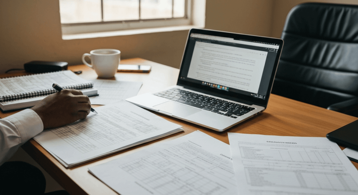 Tender Documents in Botswana: Full Checklist of What to Prepare 2 Tender document pack components including forms, contracts, and papers on a desk in a Botswana office