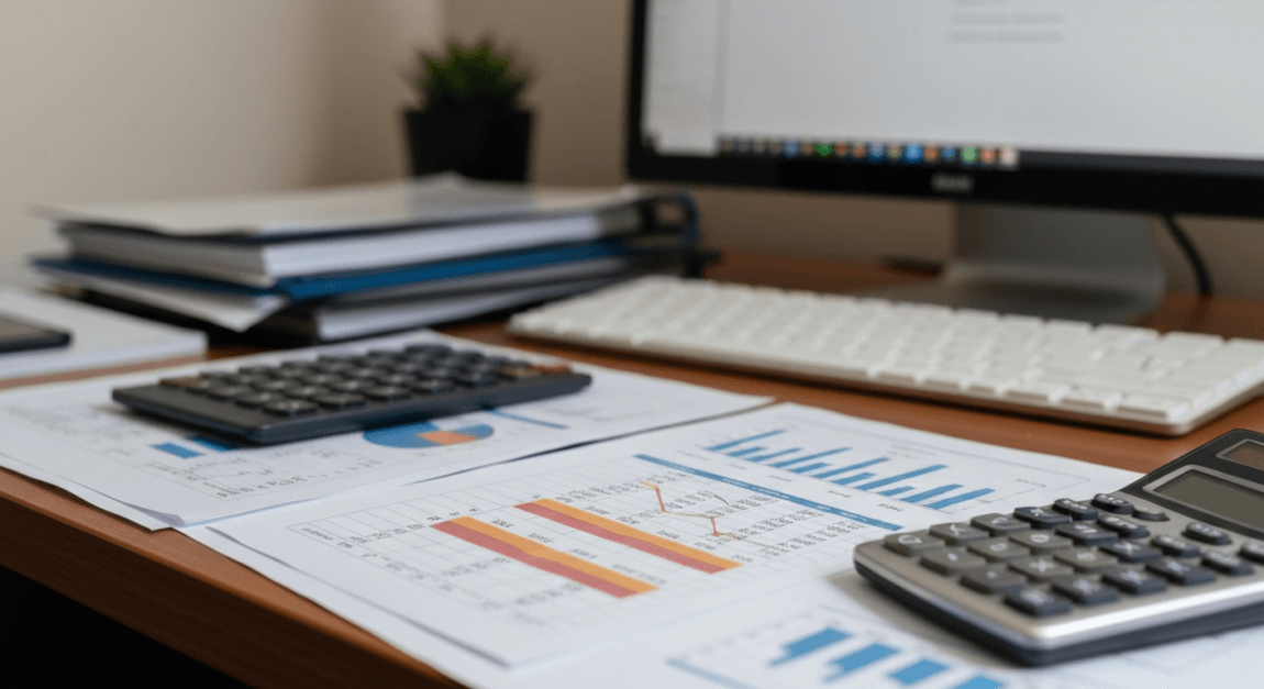 Tender Documents in Botswana: Full Checklist of What to Prepare 3 Financial reports and graphs on a desk in a Botswana office setting representing tender preparation