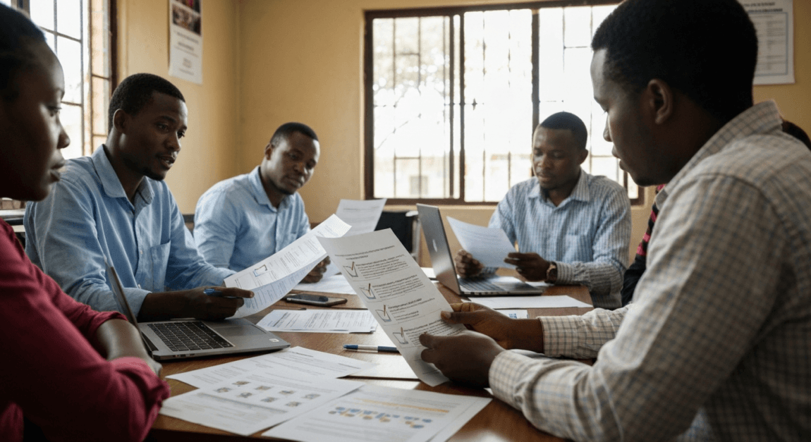 Tender Documents in Botswana: Full Checklist of What to Prepare 8 Botswana SME team reviewing a tender submission checklist in an office environment