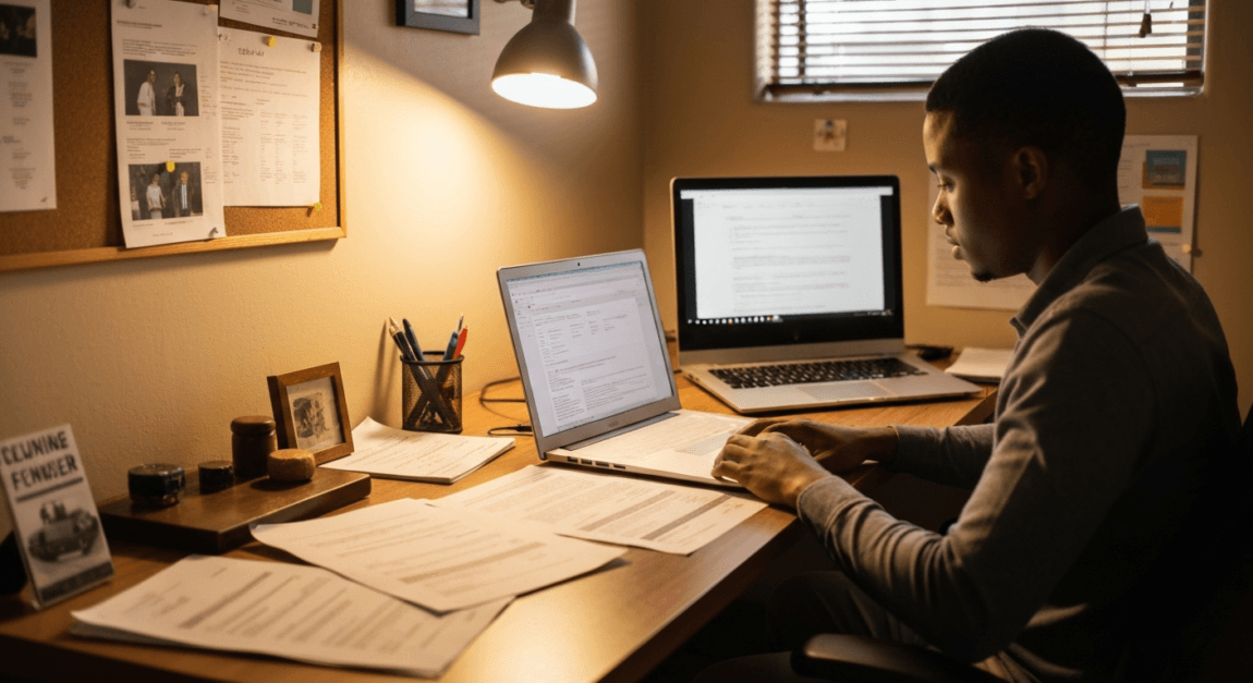 Professional compiling tender documents in a Botswana office
