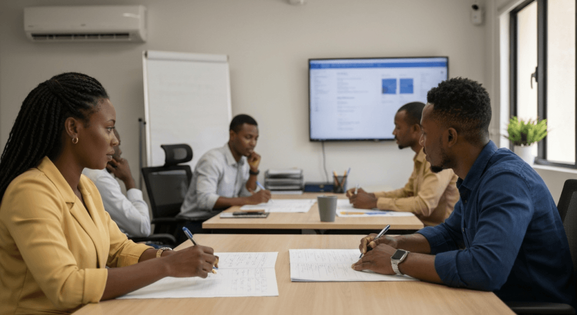 Botswana entrepreneurs reviewing project timelines