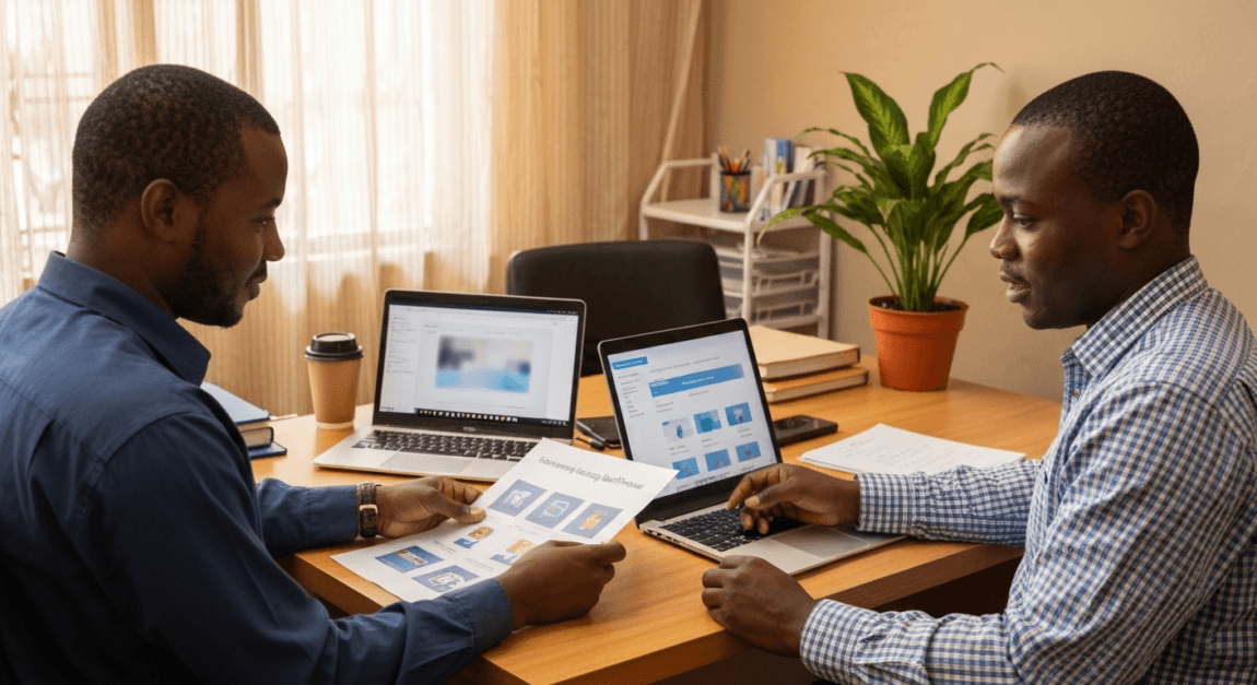 Best Accounting Software for Small Business 2 SME owners in Botswana comparing software features on a tablet