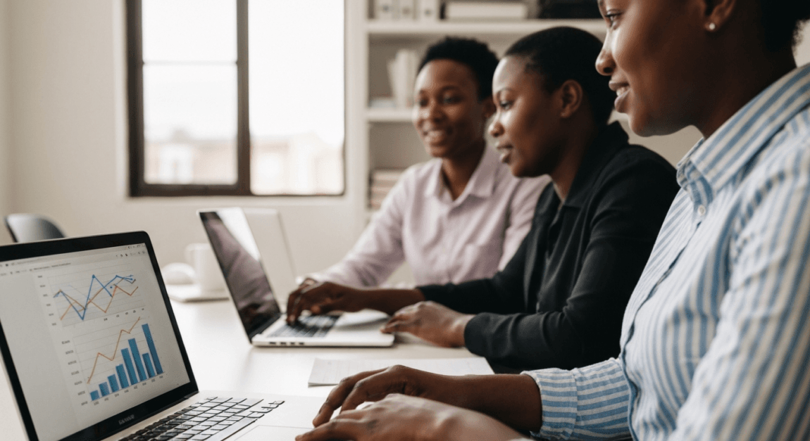 Free Accounting Software for Small Business and Excel Alternatives 1 Botswana small business team discussing accounting software vs spreadsheets with laptops displaying blurred graphs
