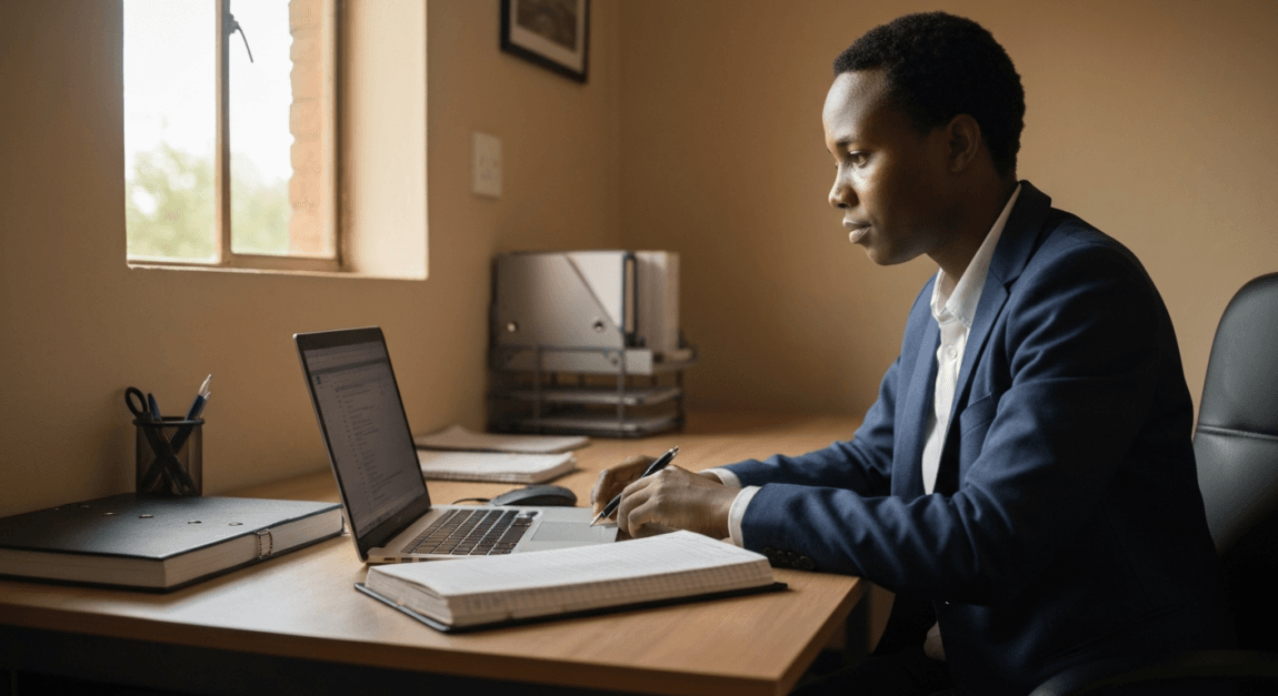 Free Accounting Software for Small Business and Excel Alternatives 4 Businessperson in Botswana workspace using a laptop and ledger book for offline accounting