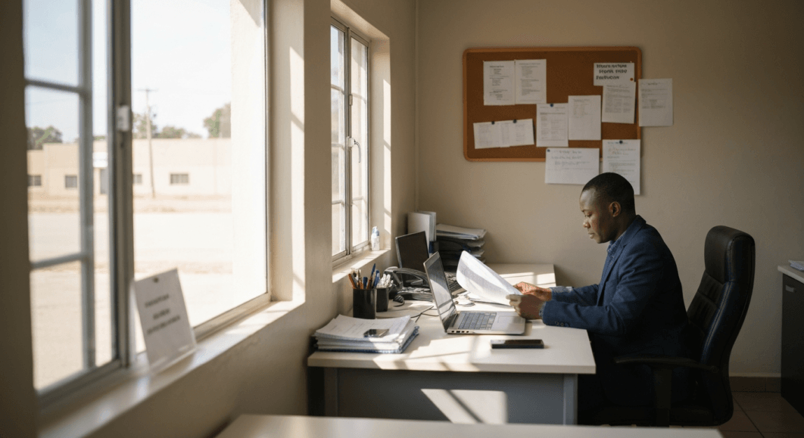 Tender Compliance in Botswana: Tax Clearance, Constitution and Declaration Forms 1 A Botswana business owner reviewing a BURS tax compliance status document for a tender submission.