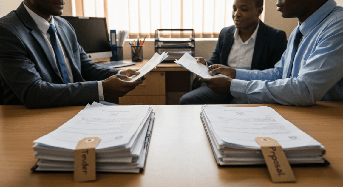 Business professionals in Botswana office reviewing tender compliance documents.