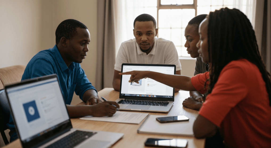 Small business team in Gaborone using a laptop to organize tender submission dates.