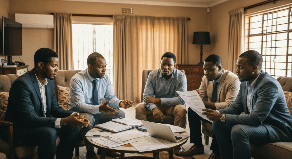 Technical Proposal for Tender: Template, Structure, and Scoring 3 Batswana business team discussing and reviewing tender documents in a home office setting.