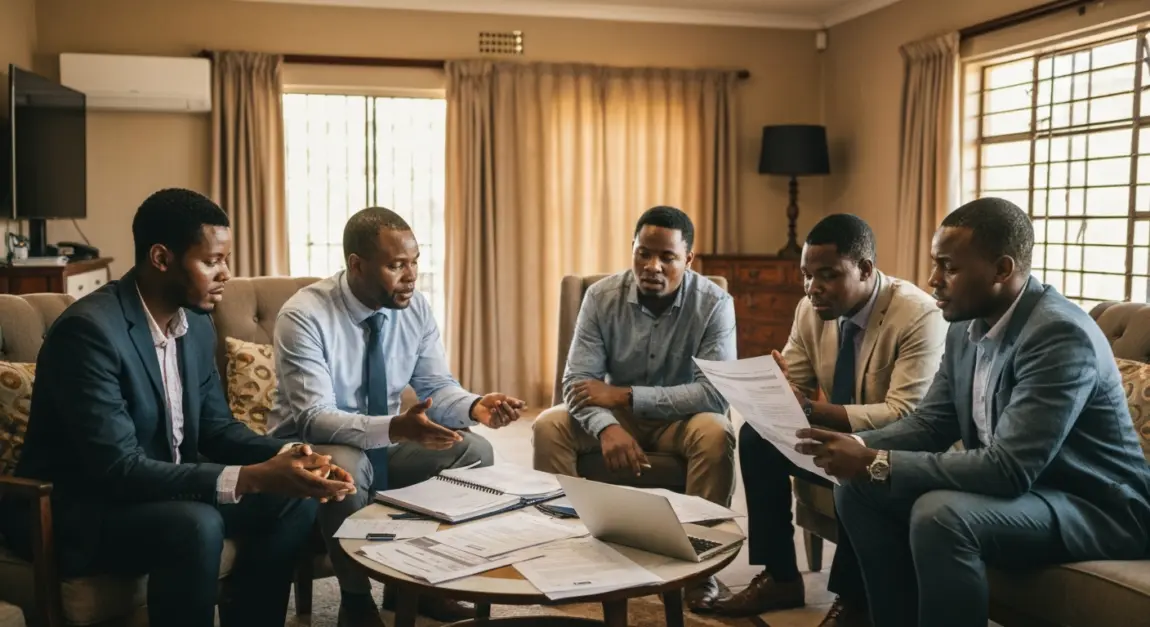 Batswana business team discussing and reviewing tender documents in a home office setting.