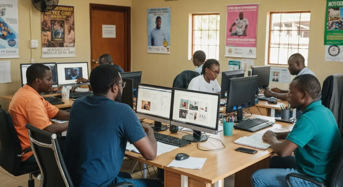 Team of local experts working together on a project in a Botswana office.
