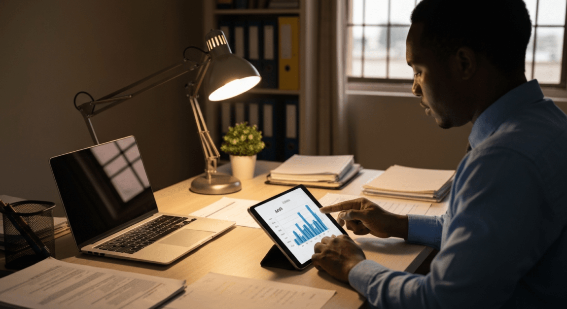 Income Statement vs Balance Sheet vs Cash Flow Statement 2 Entrepreneur in Botswana office analyzing balance sheet with tablet and papers