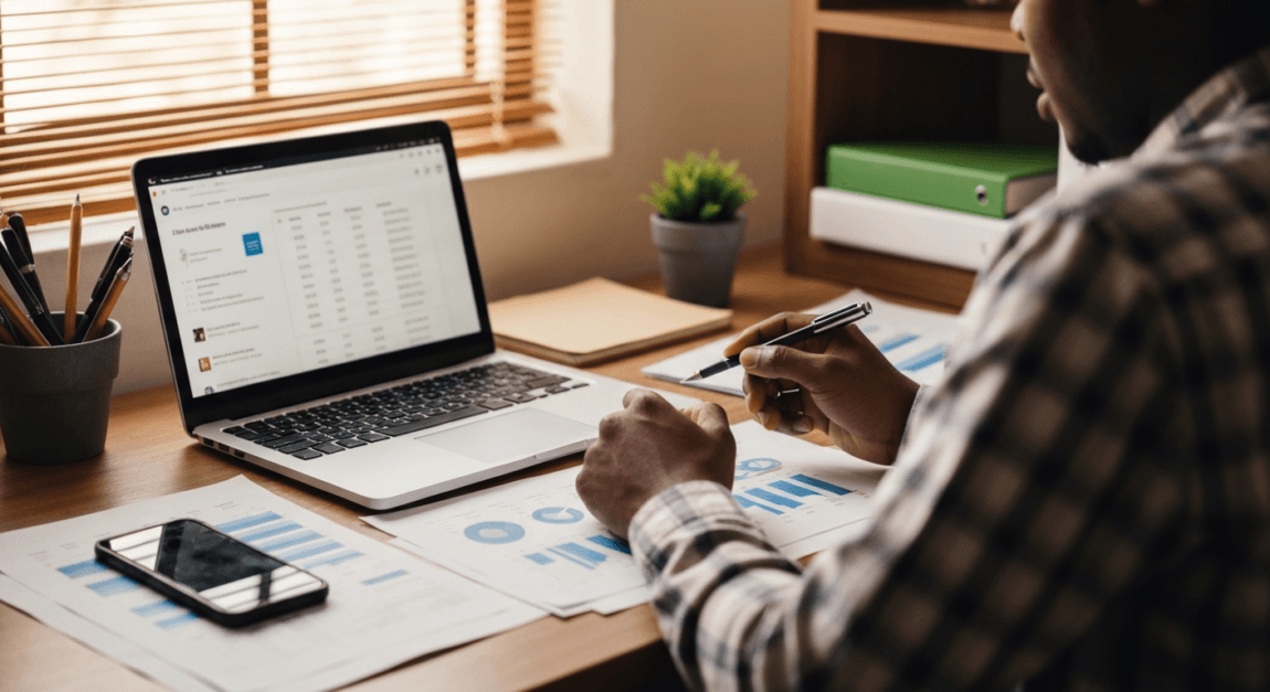 Income Statement vs Balance Sheet vs Cash Flow Statement 5 Botswana entrepreneur examining cash flow statement for liquidity management in home office