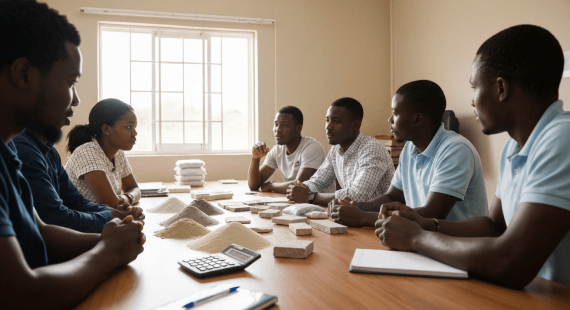 Team calculating the cost of cement and sand for brick production in Botswana