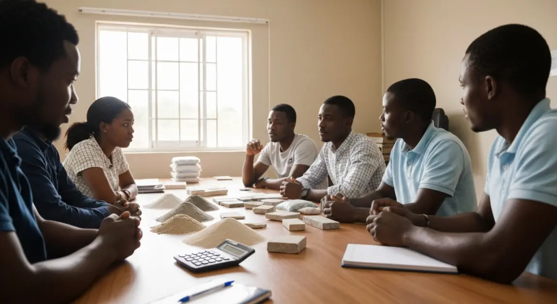 How to Start a Brick-Making and Concrete Block Business 4 Team calculating the cost of cement and sand for brick production in Botswana