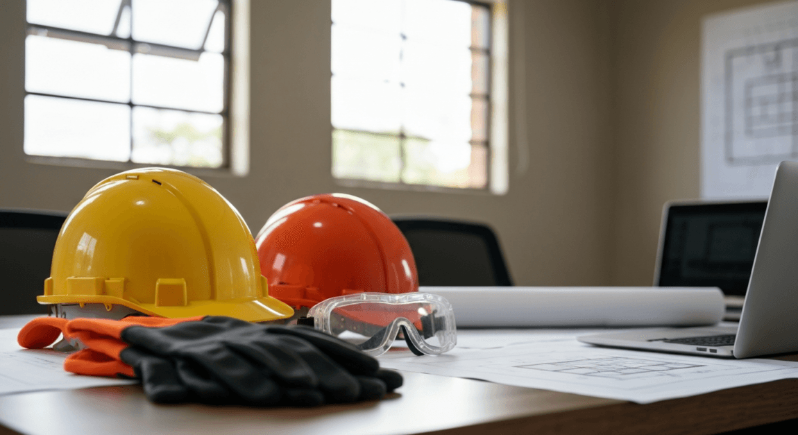 Construction Site Safety Checklist and Safety Plan 1 Construction site safety equipment including hard hats, reflective vests, and gloves on a Botswana building site.