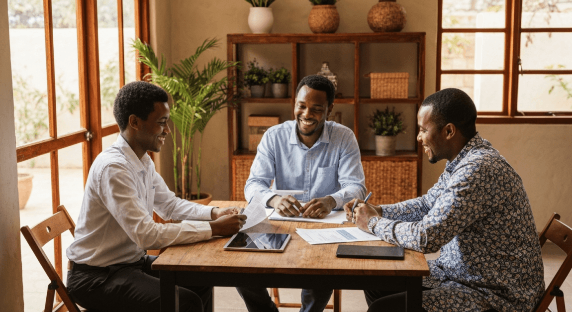 Three people discussing business models for a hardware store in Botswana with digital tablets and papers.