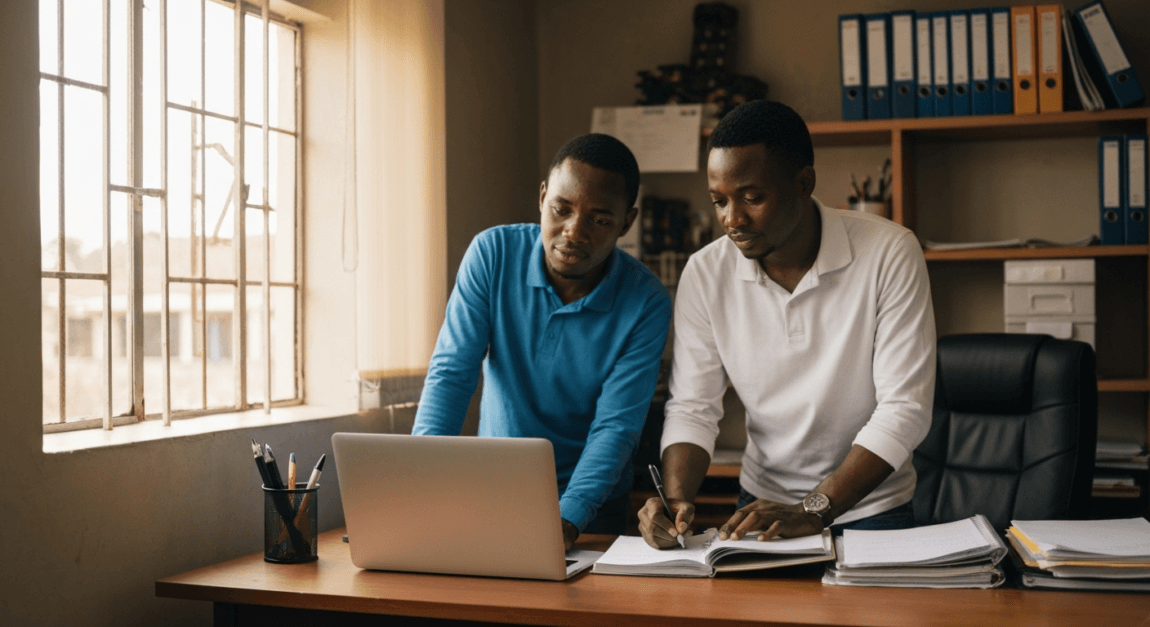 Inventory management team in a Botswana office checking hardware stock levels.