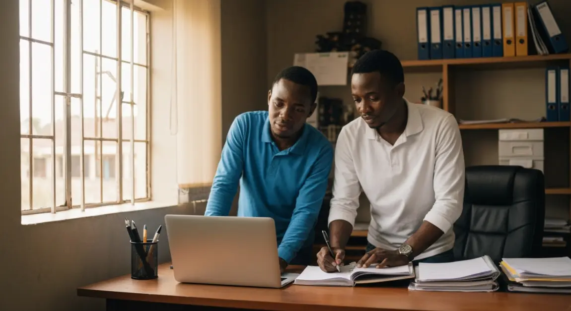 Building Materials Business and Hardware Store Guide 5 Inventory management team in a Botswana office checking hardware stock levels.