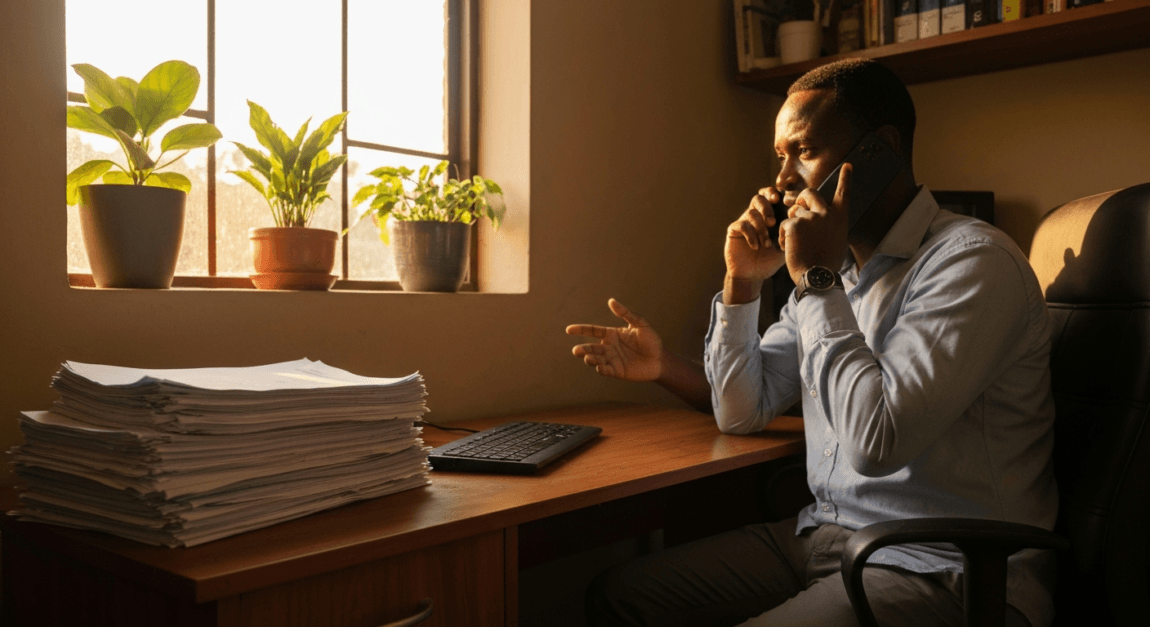 Botswana hardware store owner negotiating with suppliers on the phone.