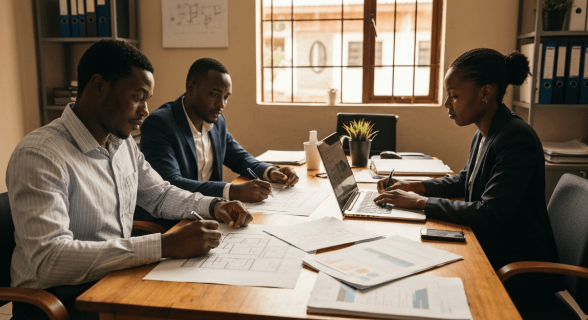 Batswana farmers discussing pigsty construction and layout