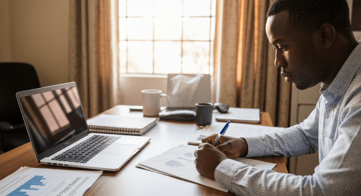 Entrepreneur calculating piggery startup costs in BWP