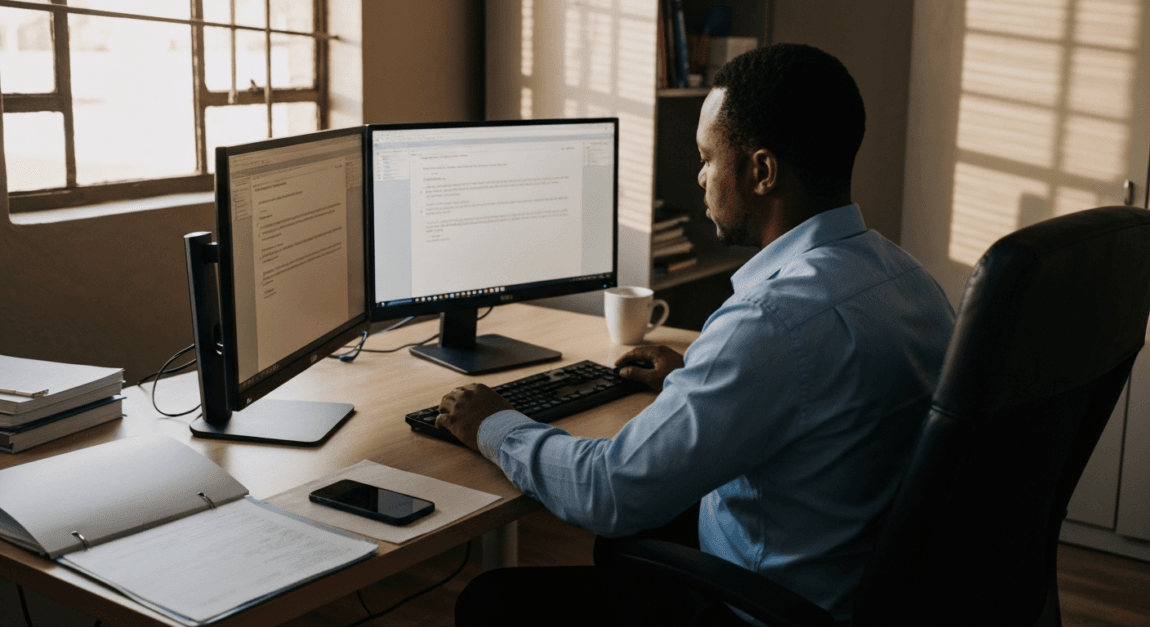 Property Management Guide for Landlords and Rental Businesses 1 Property manager reviewing tenant applications at a desk in a Botswana office workspace.