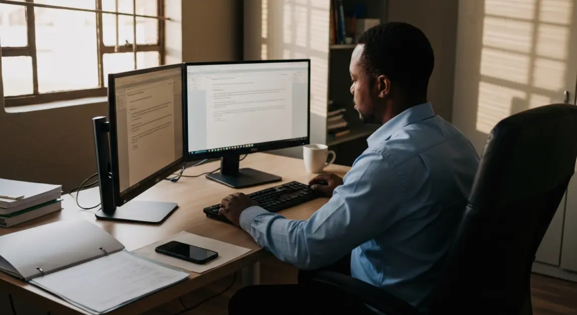 Property manager reviewing tenant applications at a desk in a Botswana office workspace.