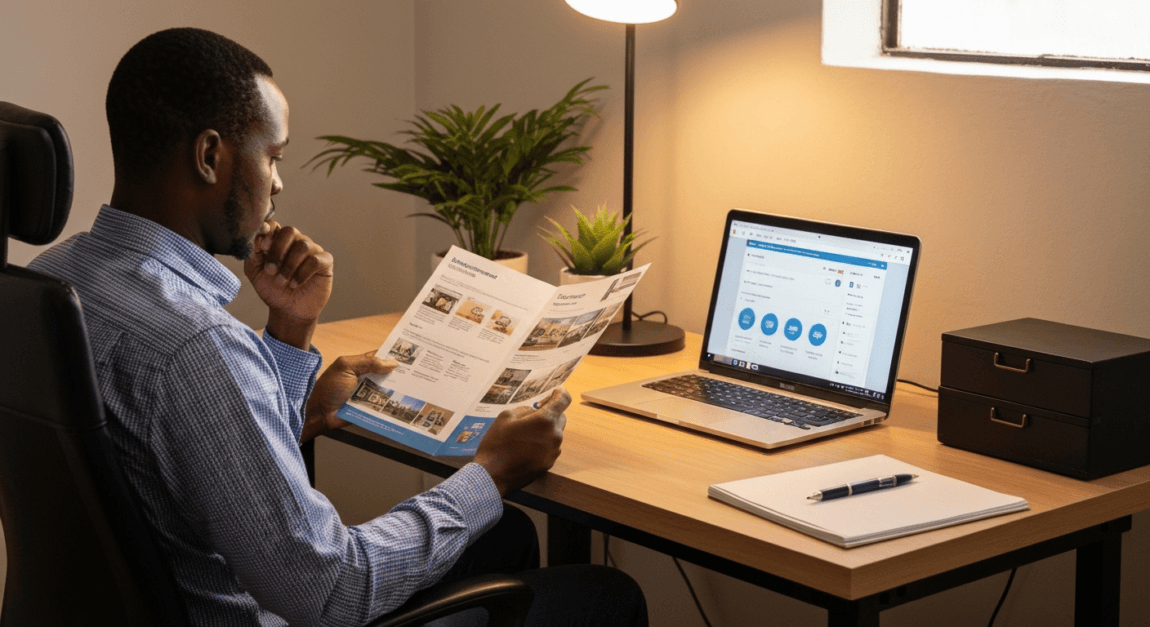 Property Management Guide for Landlords and Rental Businesses 4 Home office with a person reviewing property management options on a laptop in Botswana.