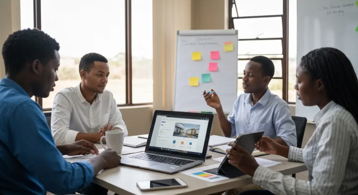Botswana office team using digital tools for property management tasks.