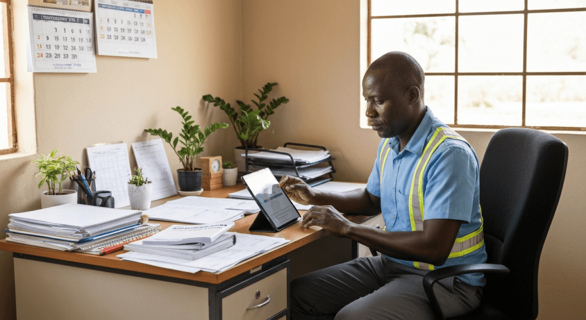 Construction Site Safety Checklist and Safety Plan 6 Site manager in Gaborone using a tablet to log safety inspections for a residential project.