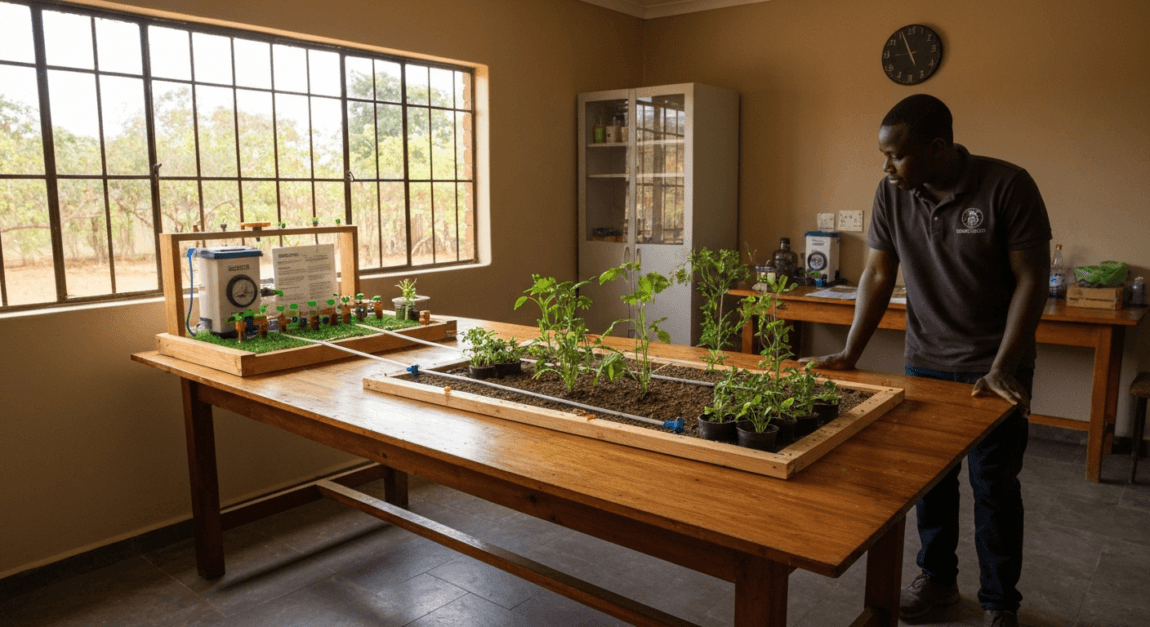 Drip irrigation pipes installed in a local Botswana vegetable garden