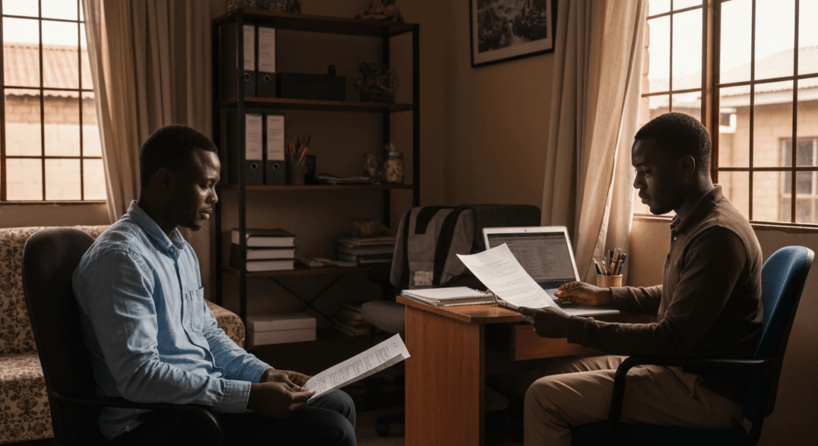 An entrepreneur in Botswana reviewing property investment documents and rental agreements at a desk.