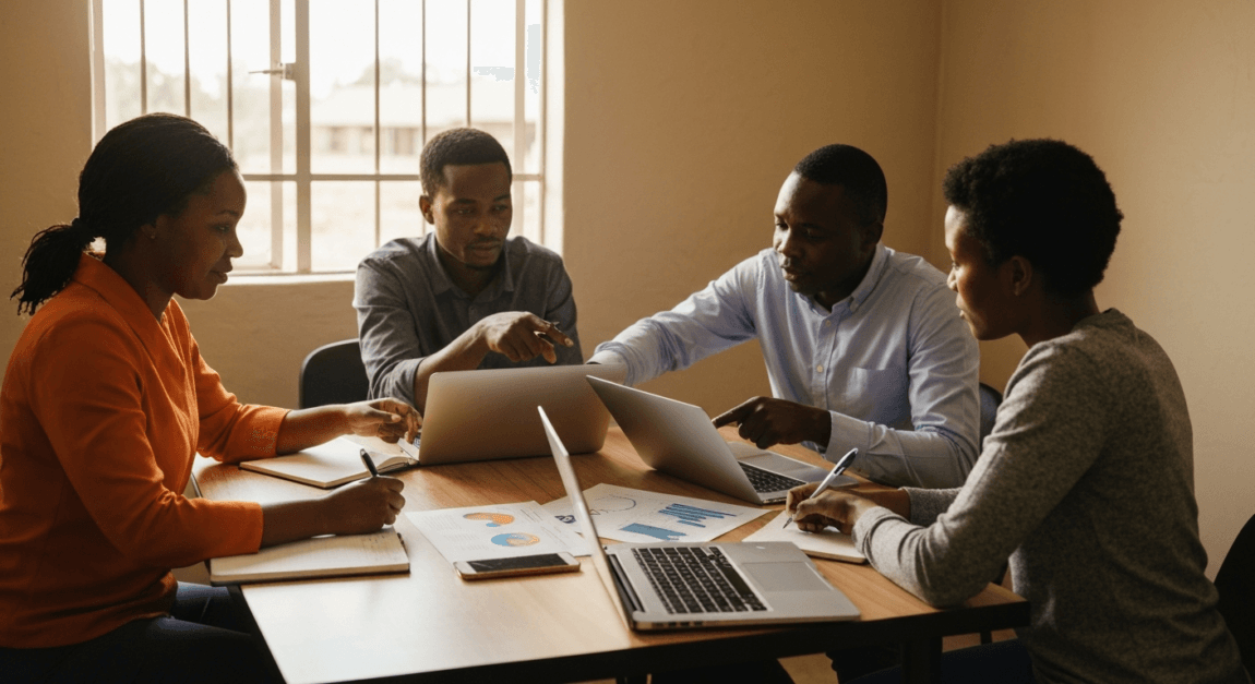 A group of Botswana investors discussing property financing and ROI in a modern office.