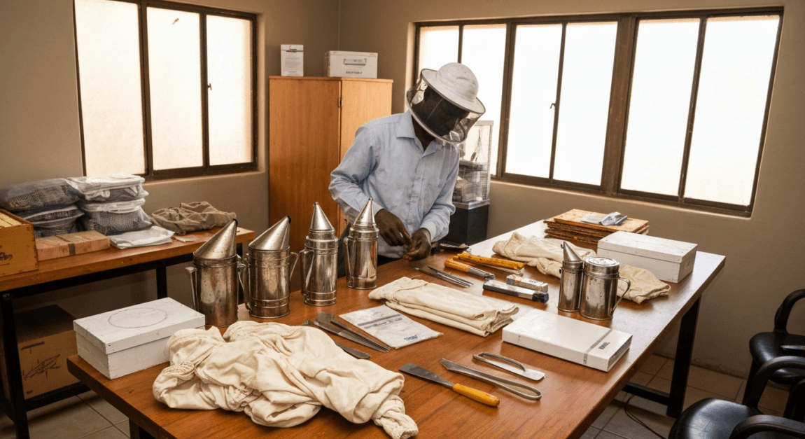 Essential beekeeping tools including a smoker and bee suit