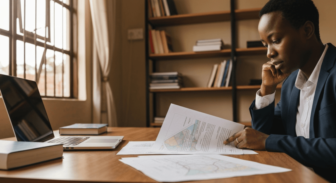 A Botswana professional verifying property title deeds and land board maps in an office.