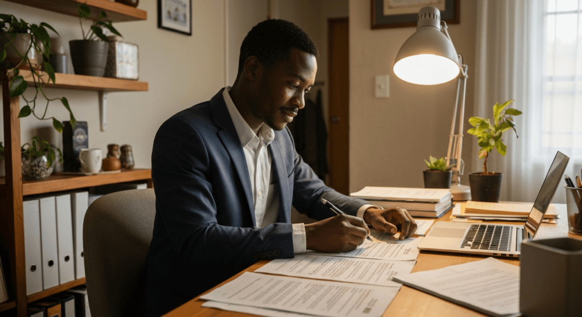 An investor ticking off items on a property due diligence checklist in Botswana.