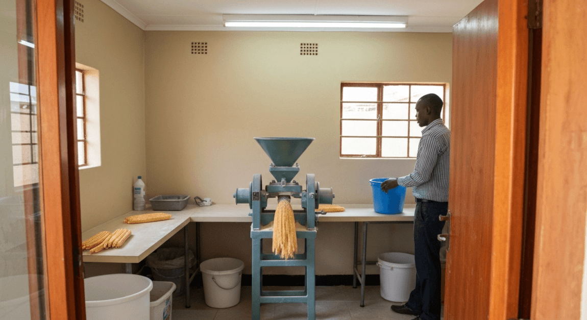 Entrepreneur in Botswana milling maize into flour to add value