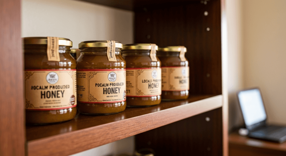 Branded honey jars in Botswana showing professional packaging
