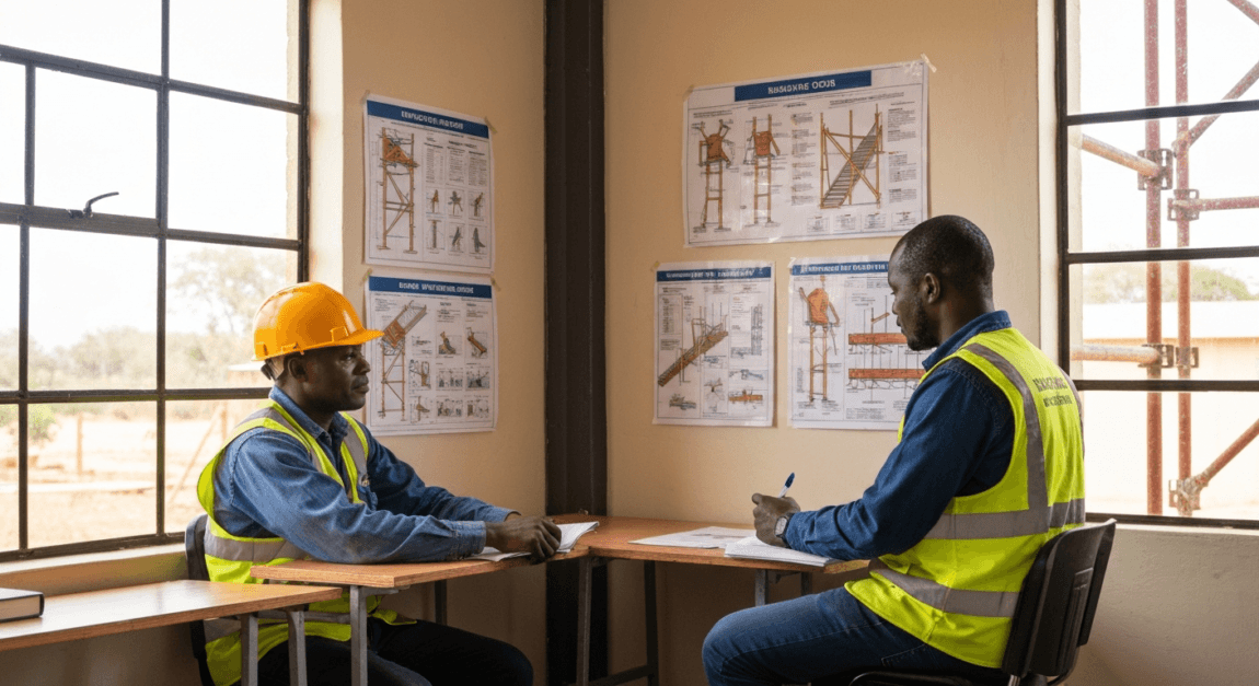 Construction Site Safety Checklist and Safety Plan 4 Safety officer in Botswana inspecting a scaffold for stability and compliance.